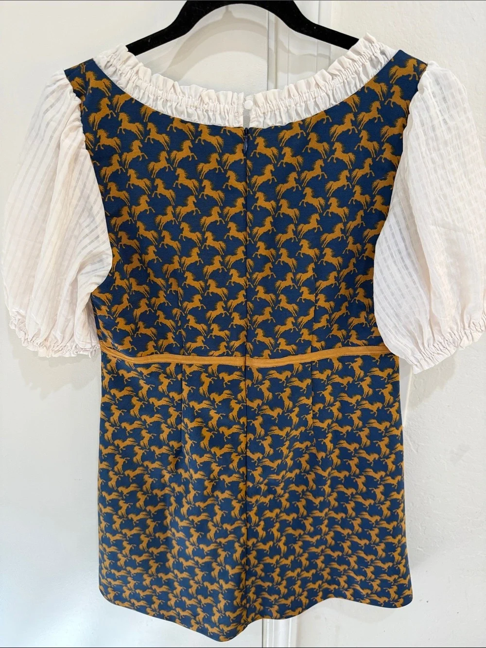 Maeve Navy and Mustard Printed Horse Mini Dress with Ivory Puff Sleeves - Picture 7 of 10